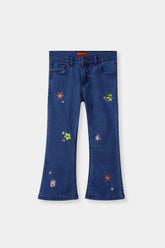 Girls Mid Blue Flare Flower Embroidered Pant