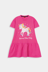 Girls Pink Unicorn Double Frill Long Tee
