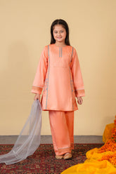 Peach Embroidered 3-Piece Cotton Suit for Girls | With Pockets & Dupatta