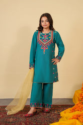 Teal Cotton Embroidered 3-Piece Suit | Festive & Wedding Kidswear