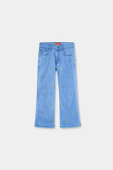 Girls Ice Blue Wide Leg Flower Embroidered Pant