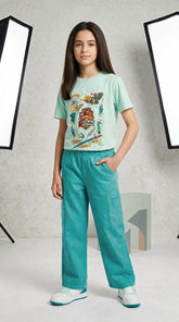 Girls Parrot Green Wide Leg Six Pocket Trousers