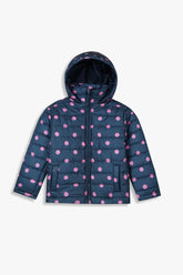 Girls Navy Polka Dot Puffer Jacket | Warm Winter Hooded Coat | Lightweight Outerwear