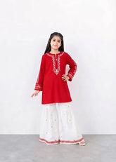 Girls Red Embroidered Kurta with White Printed Gharara – 2 Piece Traditional Festive Outfit