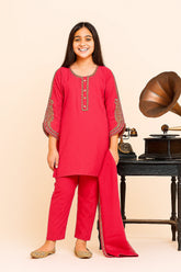 Cotton Shocking Pink Embroidered  3 Pcs Suit With Net Dupatta