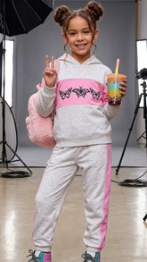 Butterfly Love Girls Winter Tracksuit | 100% Cotton Fleece | Pink Quilted Panels