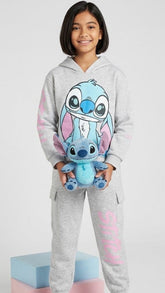 Stitch Printed Fleece Tracksuit – Short Body Hoodie & Jogger Set for Kids