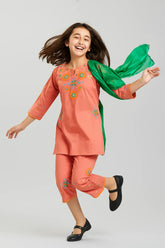 Cotton Embroidered  3 Pcs Suit With Net Dupatta