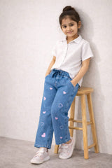 Girls Light Blue Wide Leg Pink Heart Embroidered Trouser