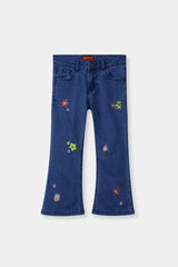 Girls Mid Blue Flare Flower Embroidered Pant