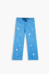 Girls Light Blue Wide Leg Pink Heart Embroidered Trouser