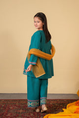 Girls Teal Blue peplum with culottes Embroidered 3-Piece Suit – 100% Cotton Winter Wear