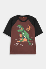 Boys Brown Dinosaur Puff Printed Tee
