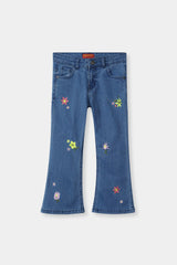 Girls Light Blue Flare Flower Embroidered Pant