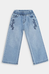 Girls Light Blue Wide Leg Blue Flower Embroidered Trouser.