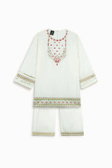 Girls Embroidered Cotton Suit with Net Dupatta – 3 Piece Set