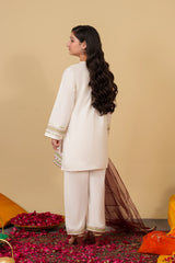 Girls Embroidered Cotton Suit with Net Dupatta – 3 Piece Set