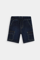 Boys Dark Blue Six Pocket  Denim Cargo Shorts(Knee Length)