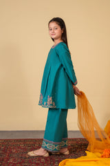 Girls Teal Blue peplum with culottes Embroidered 3-Piece Suit – 100% Cotton Winter Wear