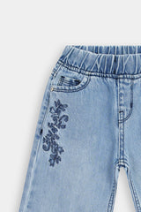 Girls Light Blue Wide Leg Blue Flower Embroidered Trouser.