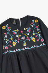 Girls Embroidered 100% Cotton Top - Black