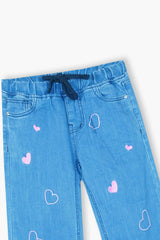 Girls Light Blue Wide Leg Pink Heart Embroidered Trouser