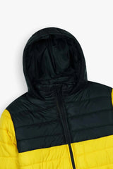 Kids Yellow & Black Puffer Jacket | Color-Block Hooded Winter Coat | Warm & Lightweight Outerwear