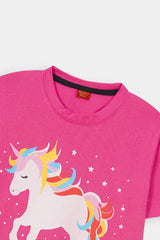 Girls Pink Unicorn Double Frill Long Tee