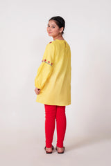 Yellow Embroidered Khaddar Top for Girls | Winter Floral Tunic
