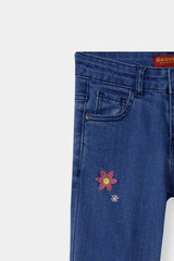 Girls Mid Blue Flare Flower Embroidered Pant