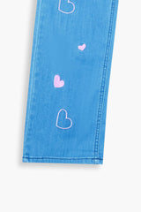 Girls Light Blue Wide Leg Pink Heart Embroidered Trouser