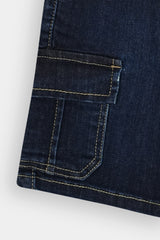 Boys Dark Blue Six Pocket  Denim Cargo Shorts(Knee Length)