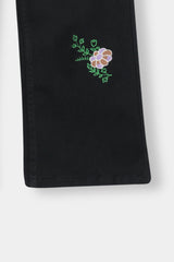 Girls Black Wide Leg Flower Embroidered Pant