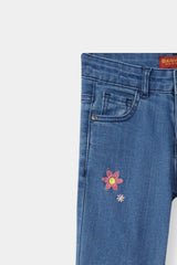 Girls Light Blue Flare Flower Embroidered Pant