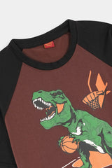 Boys Brown Dinosaur Puff Printed Tee