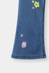 Girls Light Blue Flare Flower Embroidered Pant