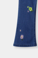 Girls Mid Blue Flare Flower Embroidered Pant