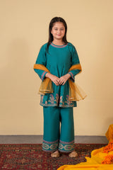 Girls Teal Blue peplum with culottes Embroidered 3-Piece Suit – 100% Cotton Winter Wear