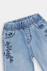 Girls Light Blue Wide Leg Blue Flower Embroidered Trouser.