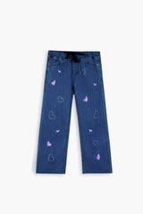 Girls  Blue Wide Leg Pink Heart Embroidered Trouser