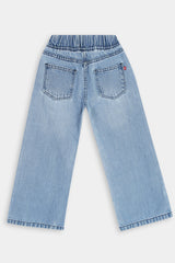 Girls Light Blue Wide Leg Blue Flower Embroidered Trouser.