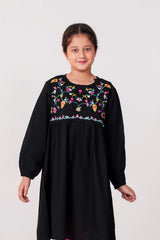 Girls Embroidered 100% Cotton Top - Black