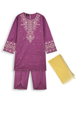 Girls Purple Cambric Cotton Winter Suit with Gold Tilla Embroidery & Tulip Trouser