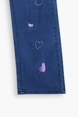 Girls  Blue Wide Leg Pink Heart Embroidered Trouser