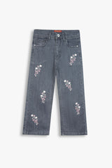 Girls Grey Wide Leg Flower Embroidered Pant