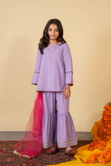 Lavender Gharara Suit with Short Shirt & Net Dupatta | Festive Kidswear