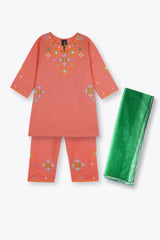 Cotton Embroidered  3 Pcs Suit With Net Dupatta