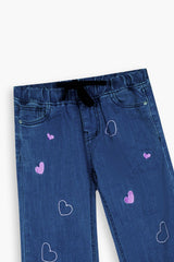 Girls  Blue Wide Leg Pink Heart Embroidered Trouser