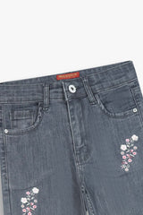 Girls Grey Wide Leg Flower Embroidered Pant
