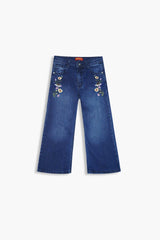 Girls Dark  Blue Flare Yellow Flower Embroidered Pant